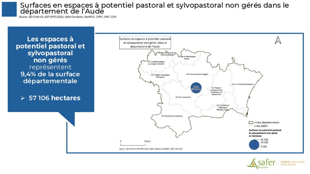 Surfaces en espaces à potentiel pastoral et sylvopastoral non gérés dans le département de l’Aude