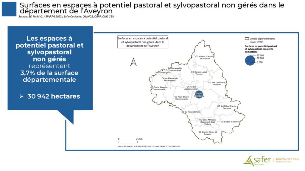 Surfaces en espaces à potentiel pastoral et sylvopastoral non gérés dans le département de l'Aveyron