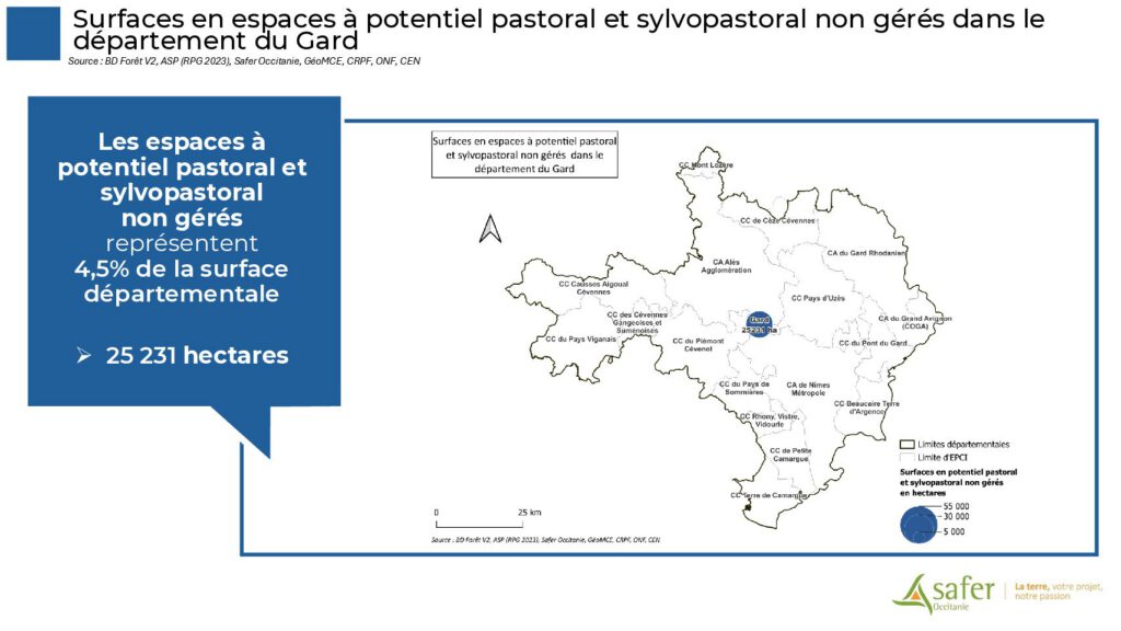 Surfaces en espaces à potentiel pastoral et sylvopastoral non gérés dans le département du Gard