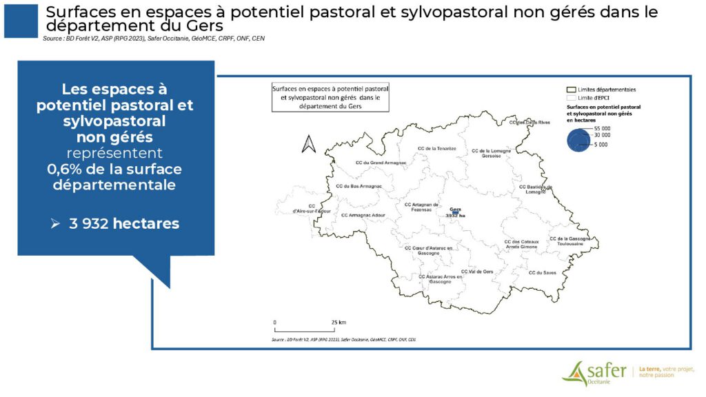 Surfaces en espaces à potentiel pastoral et sylvopastoral non gérés dans le département du Gers