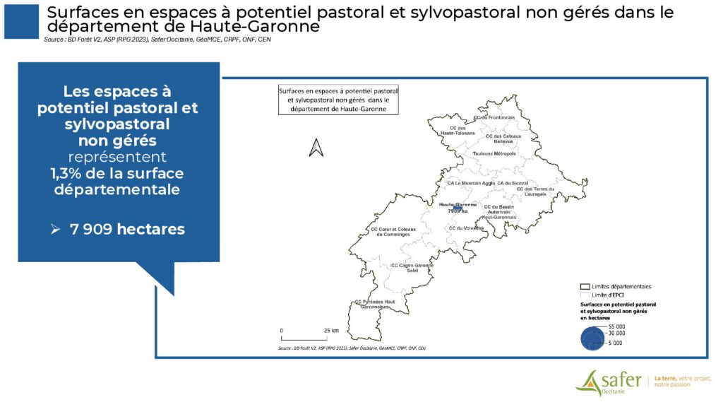 Surfaces en espaces à potentiel pastoral et sylvopastoral non gérés dans le département de Haute-Garonne