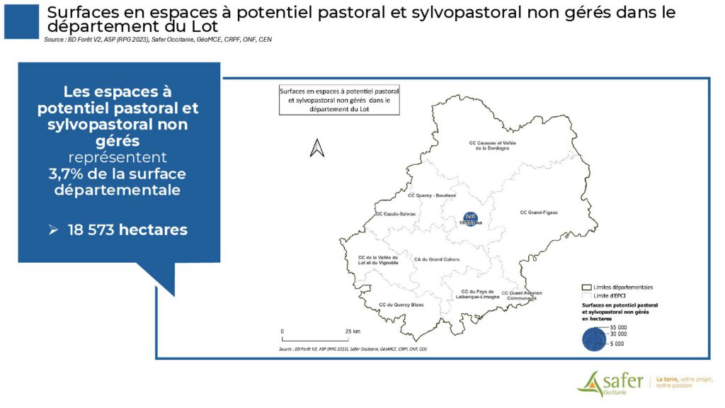 Surfaces en espaces à potentiel pastoral et sylvopastoral non gérés dans le département du Lot