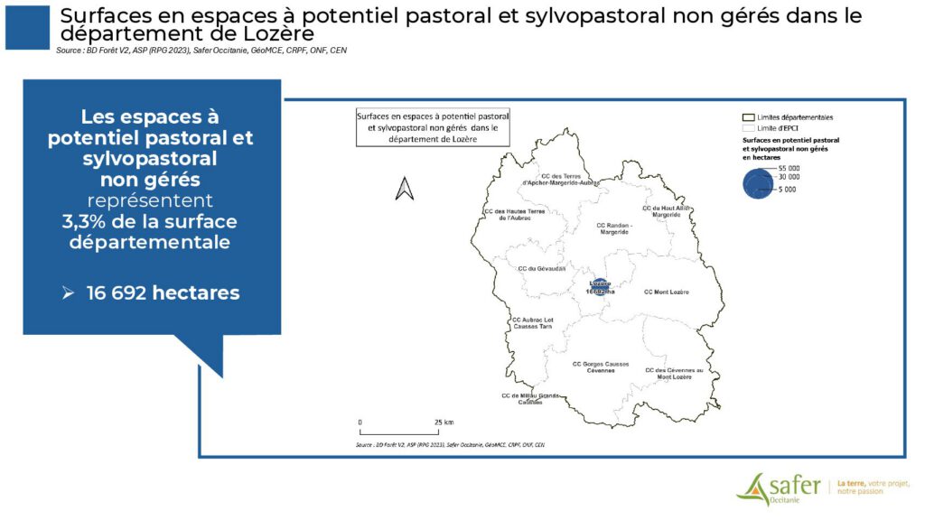 Surfaces en espaces à potentiel pastoral et sylvopastoral non gérés dans le département de Lozère