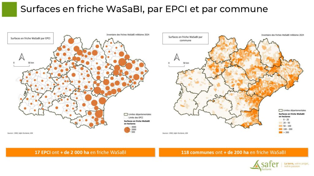 Surfaces en friche WaSaBI, par EPCI et par commune