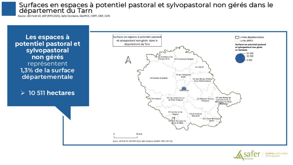 Surfaces en espaces à potentiel pastoral et sylvopastoral non gérés dans le département du Tarn